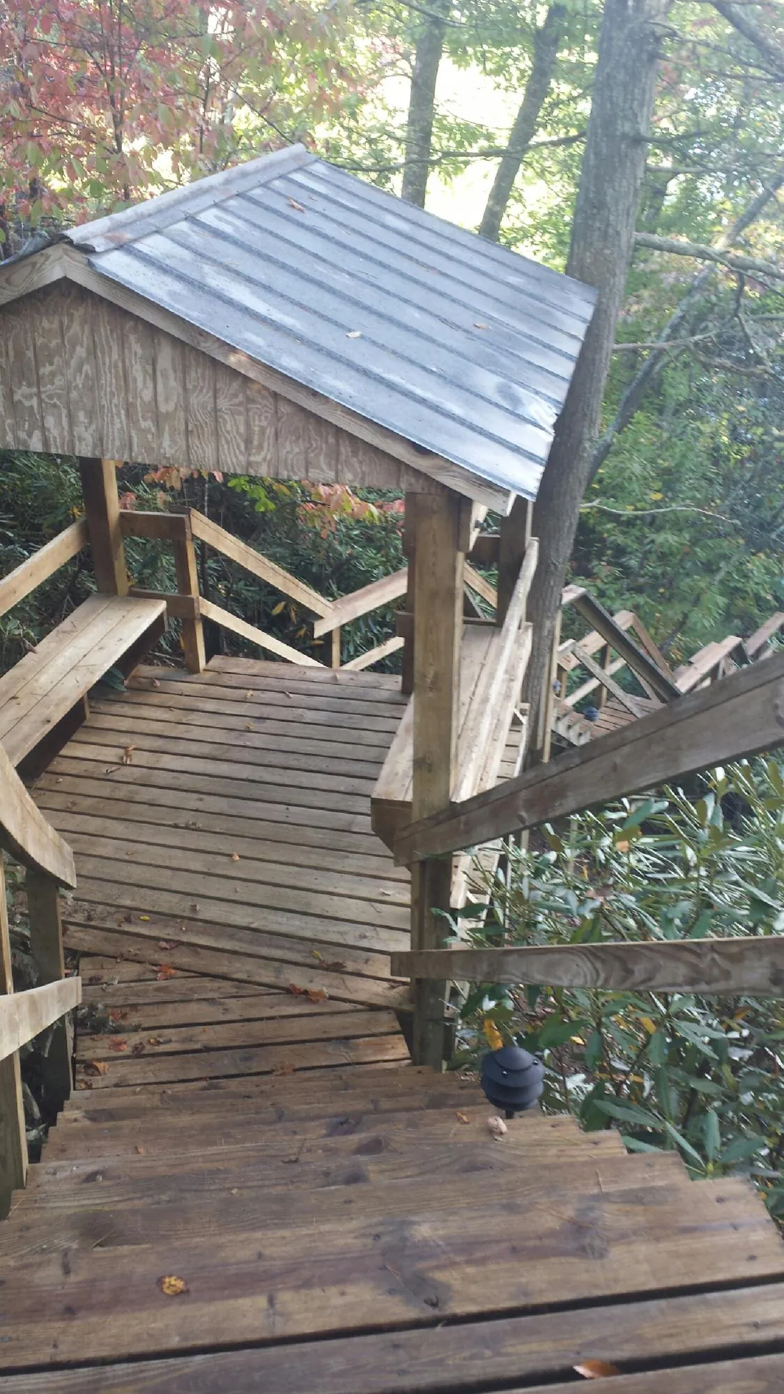 Metal roofed shelter over wooden steps on a wooded walkway — Skylight Repair & Installation work by our crew in Hawarden